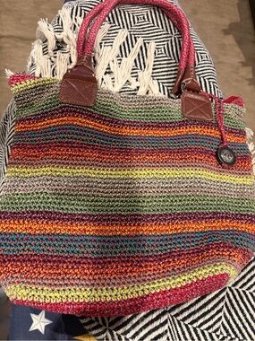 The Sak Vintage Multi-Color Crochet Striped Shoulder Bag Boho Tote